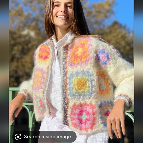 Rose Carmine crochet knit cardigan granny square mohair wool size small cropped - Picture 3 of 10